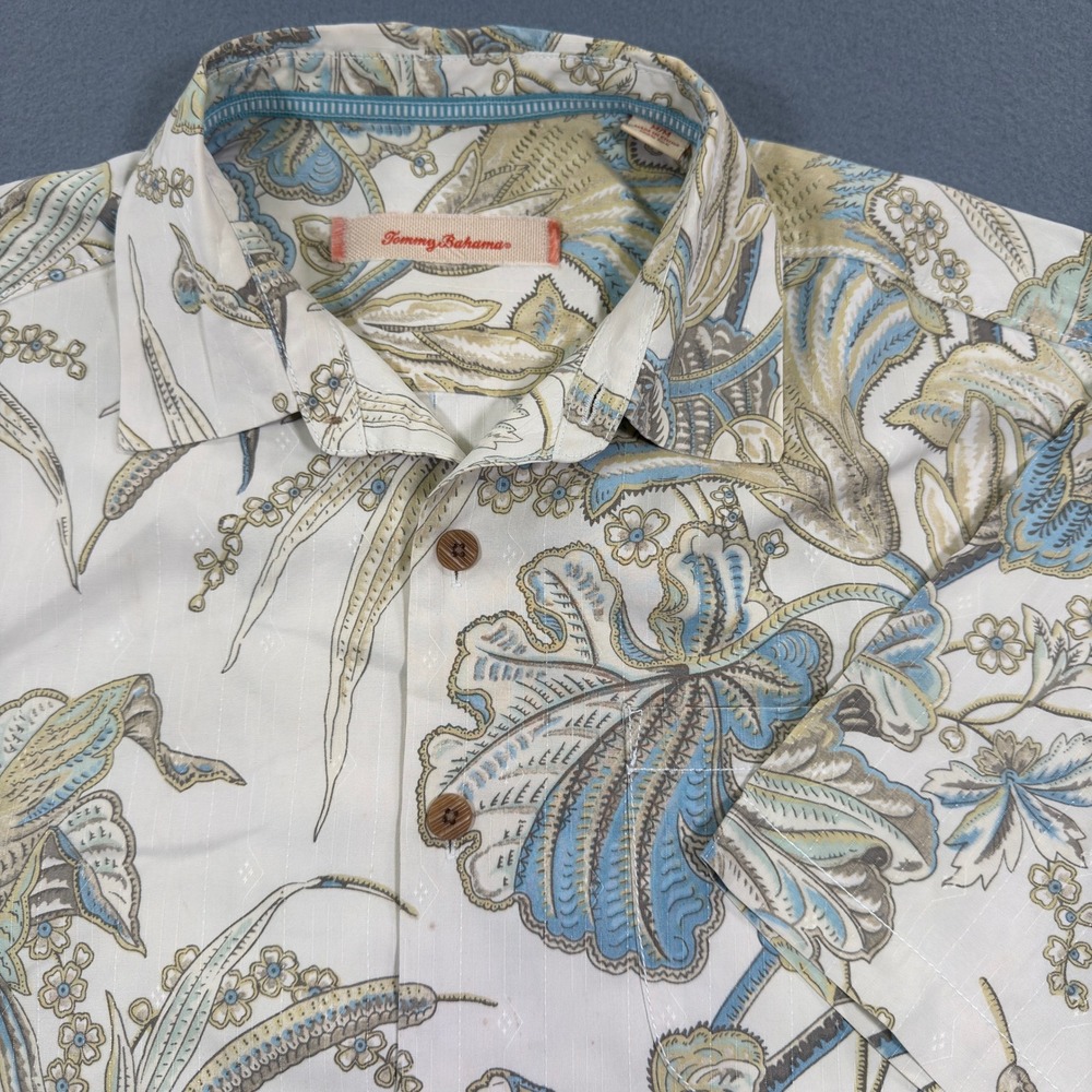 Tommy Bahama Mens M Silk Camp‎ Shirt Tropical Floral Paisley Blue Tan